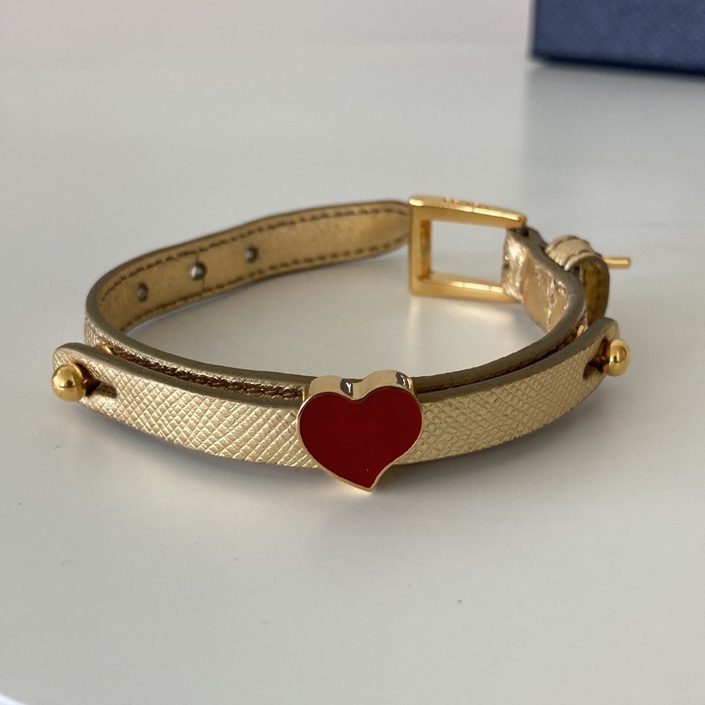 Prada Gold Saffiano Leather Bracelet with Red Heart Charm - Picture 7 of 7